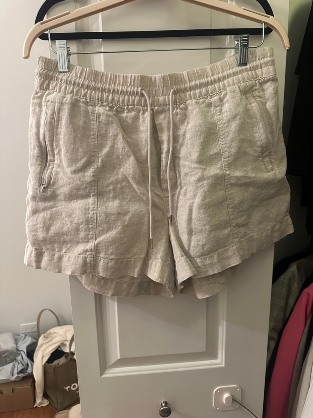 Athleta High-Waist Drawstring Linen Shorts in Light Tan